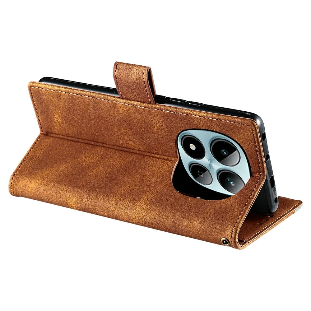 For Xiaomi Redmi Note 15 Pro 5G (Global) Leather Case Splicing Stitching Wallet Phone Cover with Wrist Strap - Brown