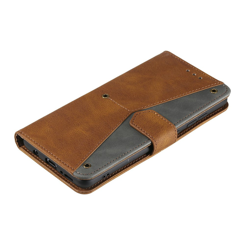 For Xiaomi Redmi Note 15 Pro 5G (Global) Leather Case Splicing Stitching Wallet Phone Cover with Wrist Strap - Brown