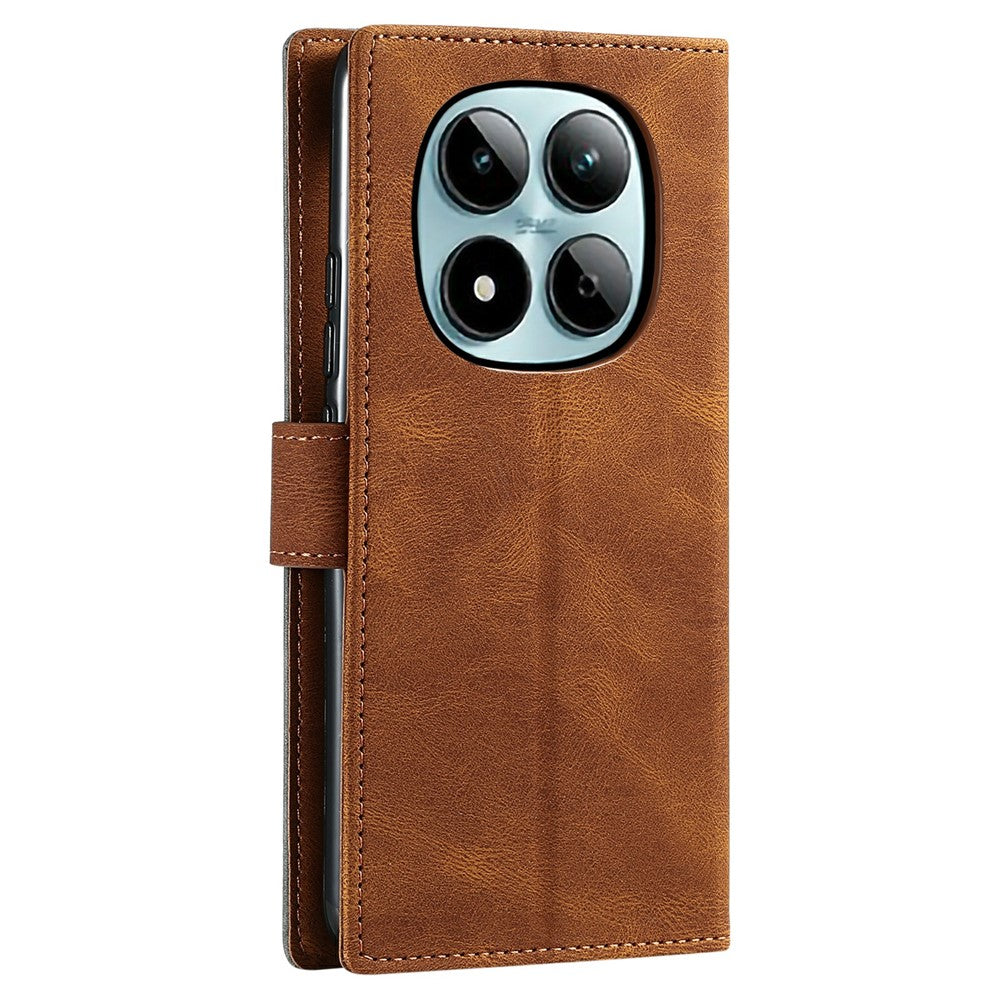 For Xiaomi Redmi Note 15 Pro 5G (Global) Leather Case Splicing Stitching Wallet Phone Cover with Wrist Strap - Brown