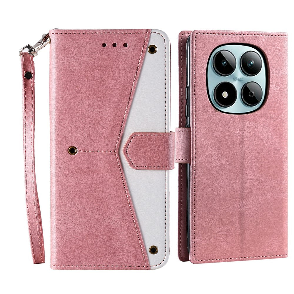 For Xiaomi Redmi Note 15 Pro 5G (Global) Leather Case Splicing Stitching Wallet Phone Cover with Wrist Strap - Rose Gold