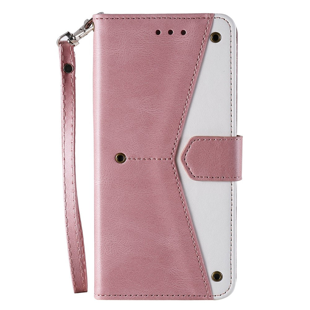 For Xiaomi Redmi Note 15 Pro 5G (Global) Leather Case Splicing Stitching Wallet Phone Cover with Wrist Strap - Rose Gold