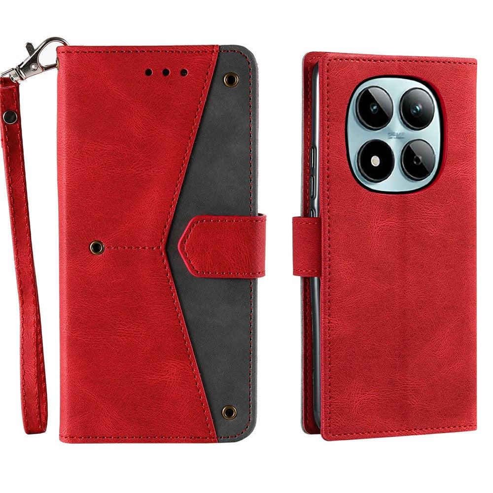 For Xiaomi Redmi Note 15 Pro 5G (Global) Leather Case Splicing Stitching Wallet Phone Cover with Wrist Strap - Red