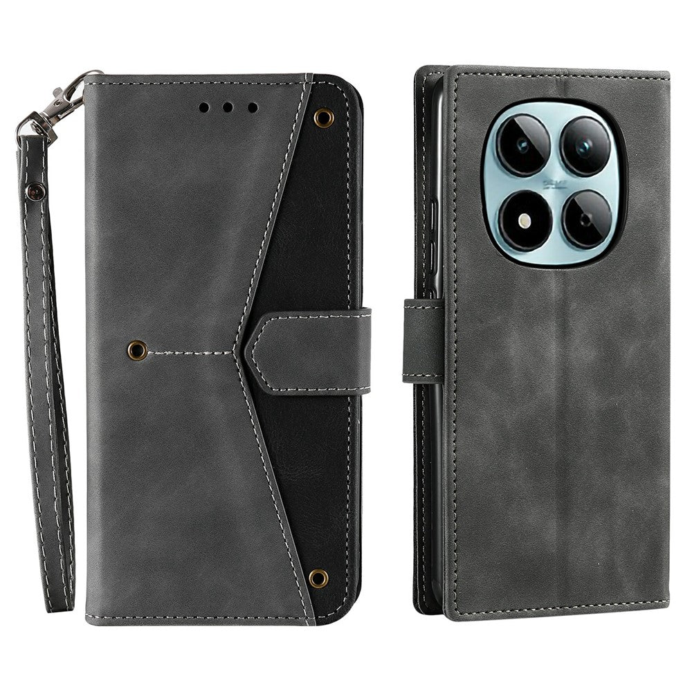 For Xiaomi Redmi Note 15 Pro 5G (Global) Leather Case Splicing Stitching Wallet Phone Cover with Wrist Strap - Grey