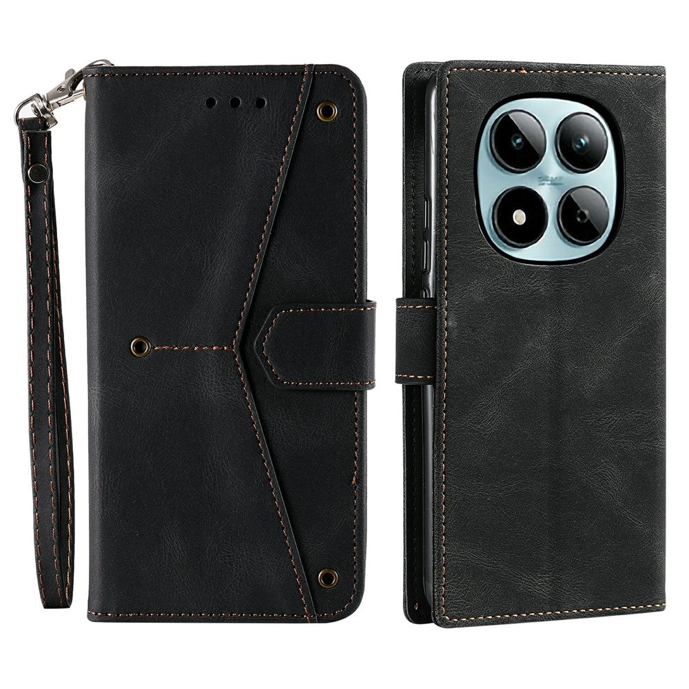 For Xiaomi Redmi Note 15 Pro 5G (Global) Leather Case Splicing Stitching Wallet Phone Cover with Wrist Strap - Black