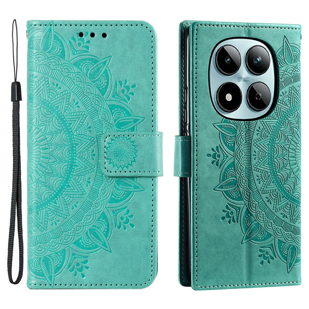 For Xiaomi Redmi Note 15 Pro 5G (Global) Stand Case Imprinted Totem PU Leather Wallet Phone Cover with Wrist Strap - Mint Green