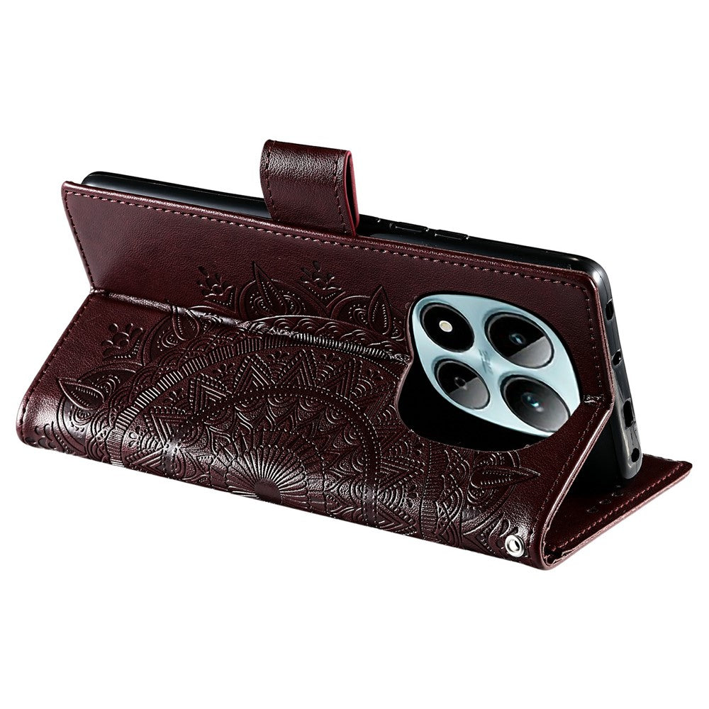 For Xiaomi Redmi Note 15 Pro 5G (Global) Stand Case Imprinted Totem PU Leather Wallet Phone Cover with Wrist Strap - Brown