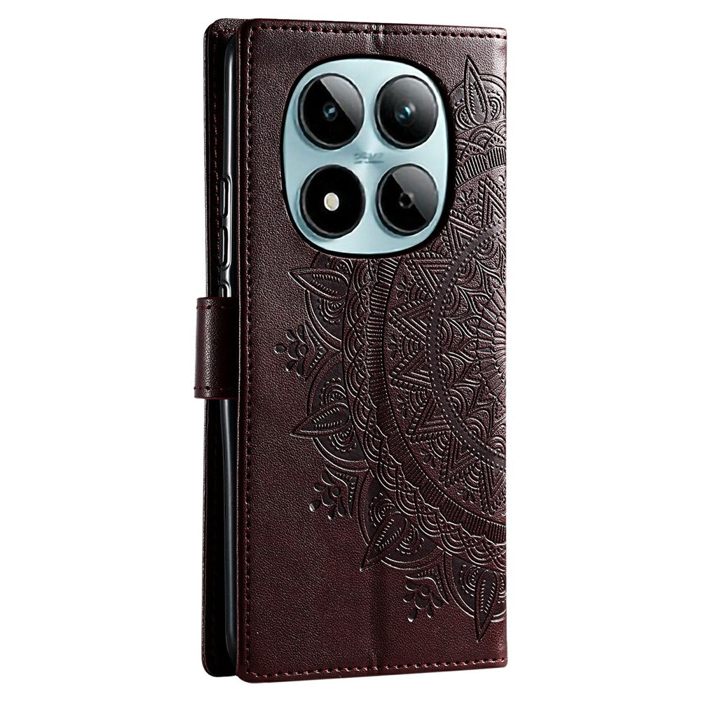 For Xiaomi Redmi Note 15 Pro 5G (Global) Stand Case Imprinted Totem PU Leather Wallet Phone Cover with Wrist Strap - Brown