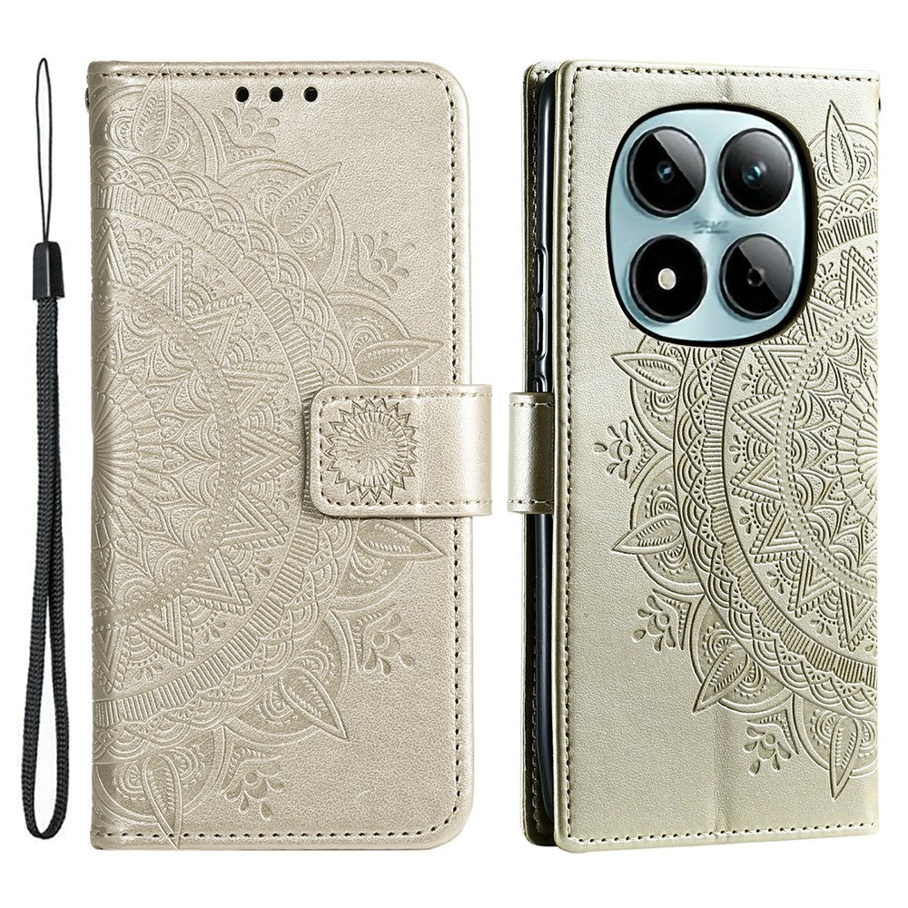 For Xiaomi Redmi Note 15 Pro 5G (Global) Stand Case Imprinted Totem PU Leather Wallet Phone Cover with Wrist Strap - Gold