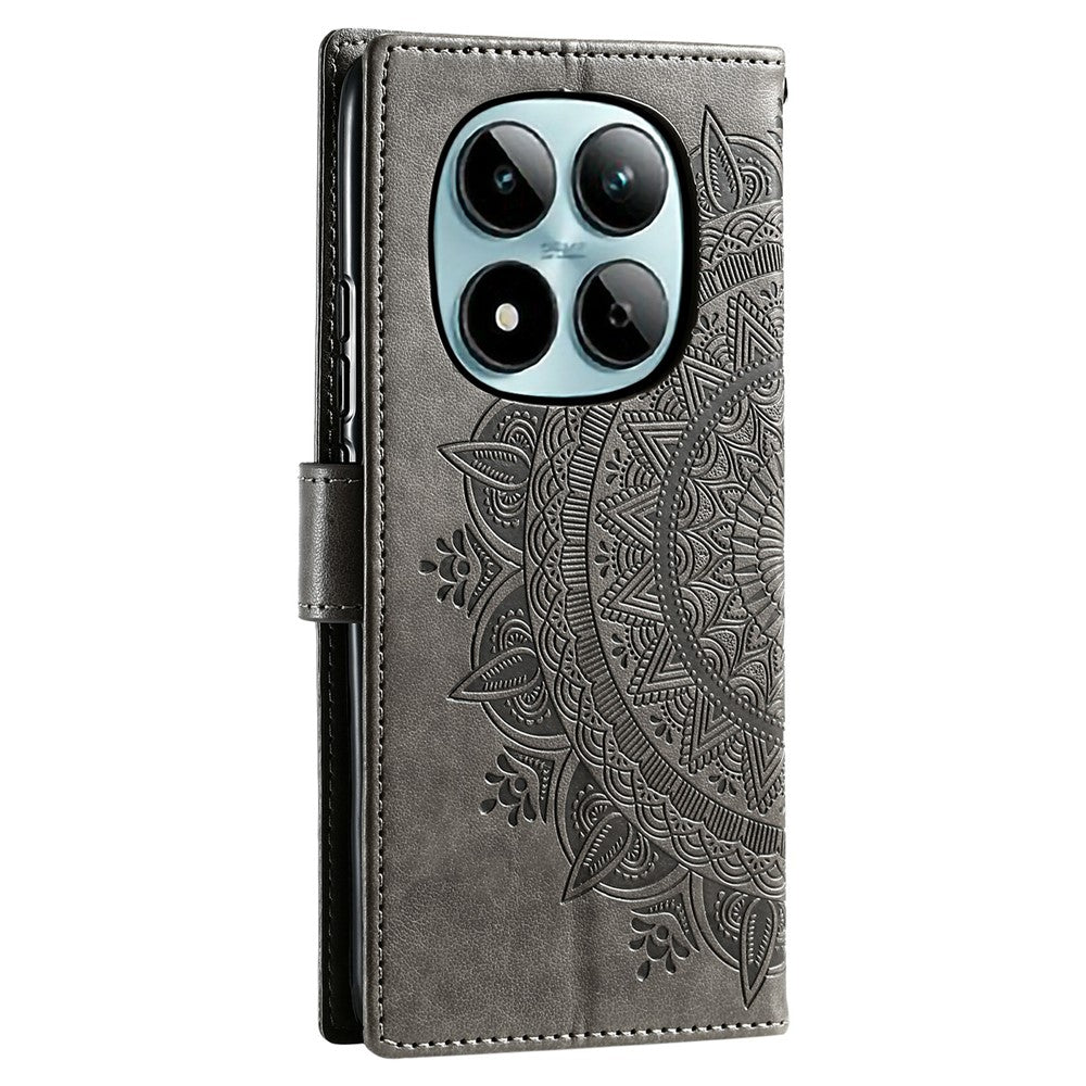 For Xiaomi Redmi Note 15 Pro 5G (Global) Stand Case Imprinted Totem PU Leather Wallet Phone Cover with Wrist Strap - Grey