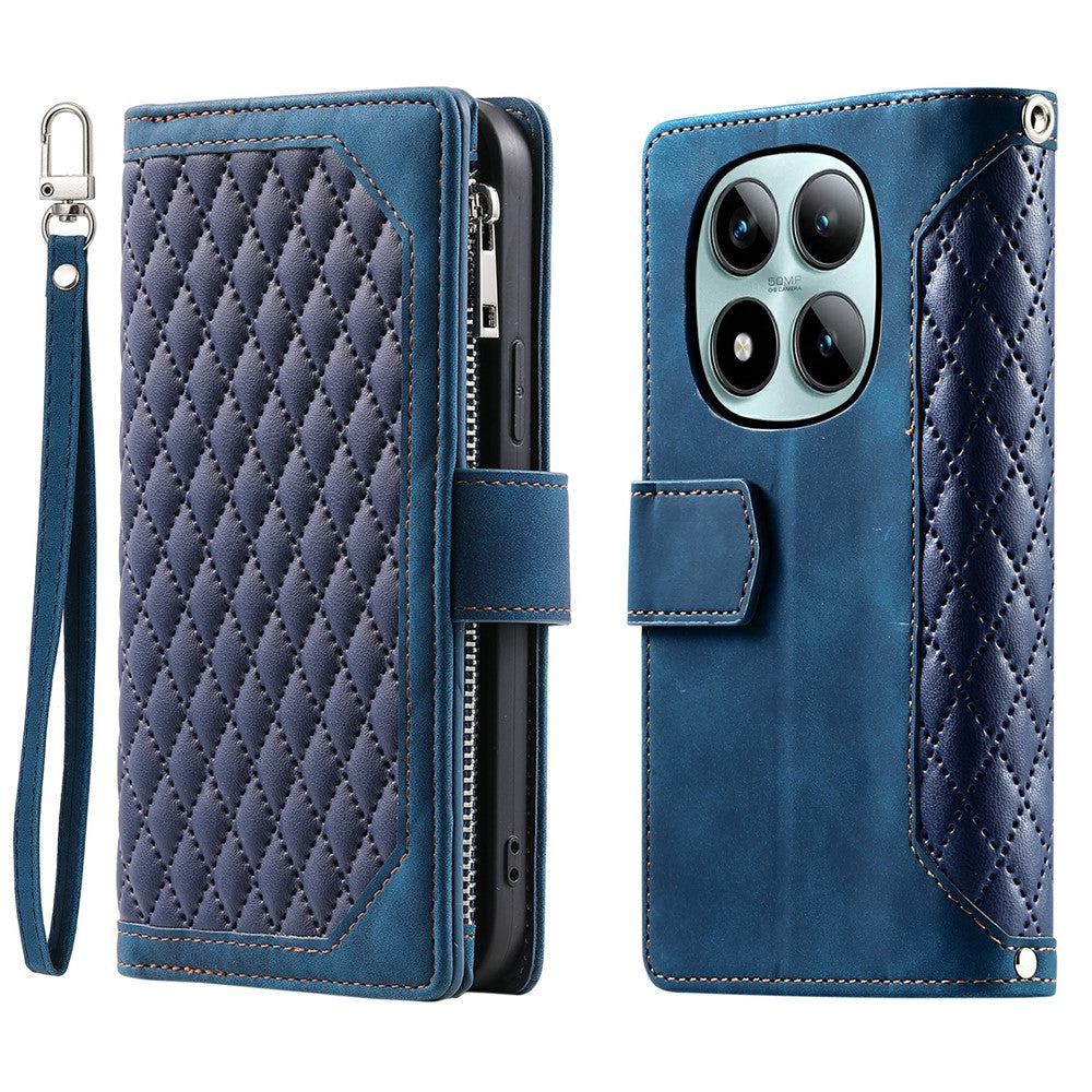 For Xiaomi Poco M8 Pro 5G / Redmi Note 15 Pro+ 5G (Global) Wallet Case Rhombus Stitching Line PU Leather Phone Cover with Wrist Strap - Blue