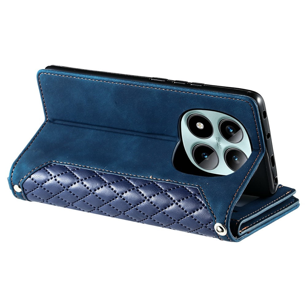 For Xiaomi Poco M8 Pro 5G / Redmi Note 15 Pro+ 5G (Global) Wallet Case Rhombus Stitching Line PU Leather Phone Cover with Wrist Strap - Blue