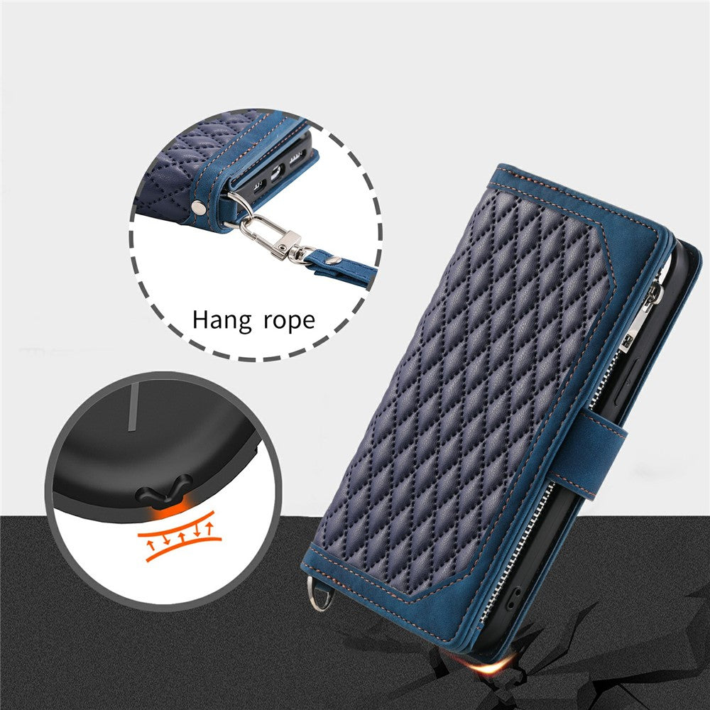 For Xiaomi Poco M8 Pro 5G / Redmi Note 15 Pro+ 5G (Global) Wallet Case Rhombus Stitching Line PU Leather Phone Cover with Wrist Strap - Blue