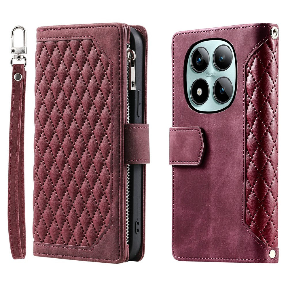 For Xiaomi Poco M8 Pro 5G / Redmi Note 15 Pro+ 5G (Global) Wallet Case Rhombus Stitching Line PU Leather Phone Cover with Wrist Strap - Wine Red