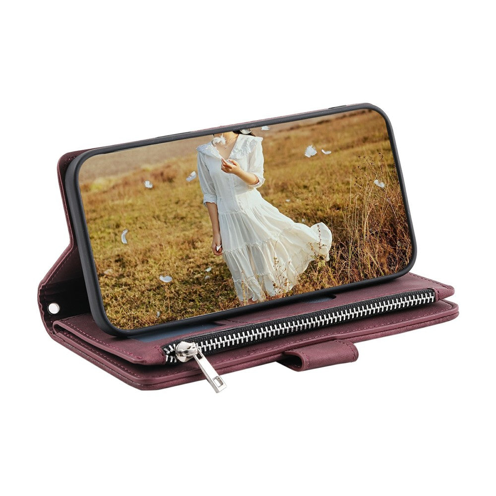For Xiaomi Poco M8 Pro 5G / Redmi Note 15 Pro+ 5G (Global) Wallet Case Rhombus Stitching Line PU Leather Phone Cover with Wrist Strap - Wine Red
