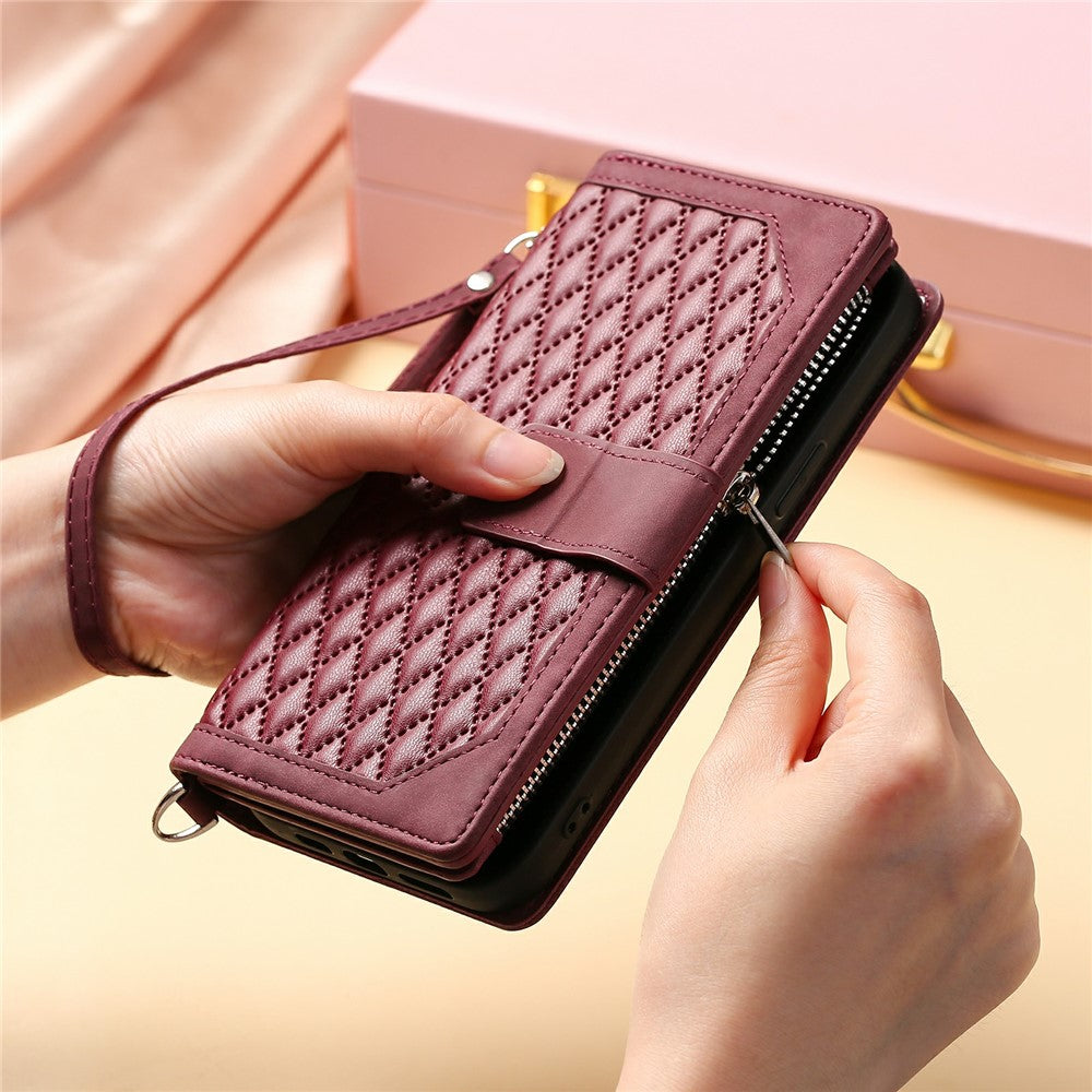For Xiaomi Poco M8 Pro 5G / Redmi Note 15 Pro+ 5G (Global) Wallet Case Rhombus Stitching Line PU Leather Phone Cover with Wrist Strap - Wine Red