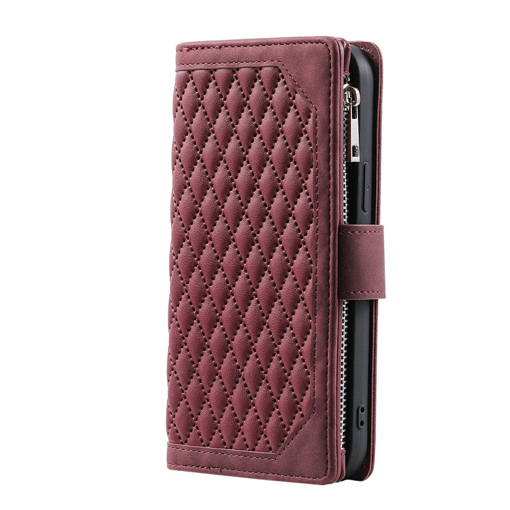 For Xiaomi Poco M8 Pro 5G / Redmi Note 15 Pro+ 5G (Global) Wallet Case Rhombus Stitching Line PU Leather Phone Cover with Wrist Strap - Wine Red
