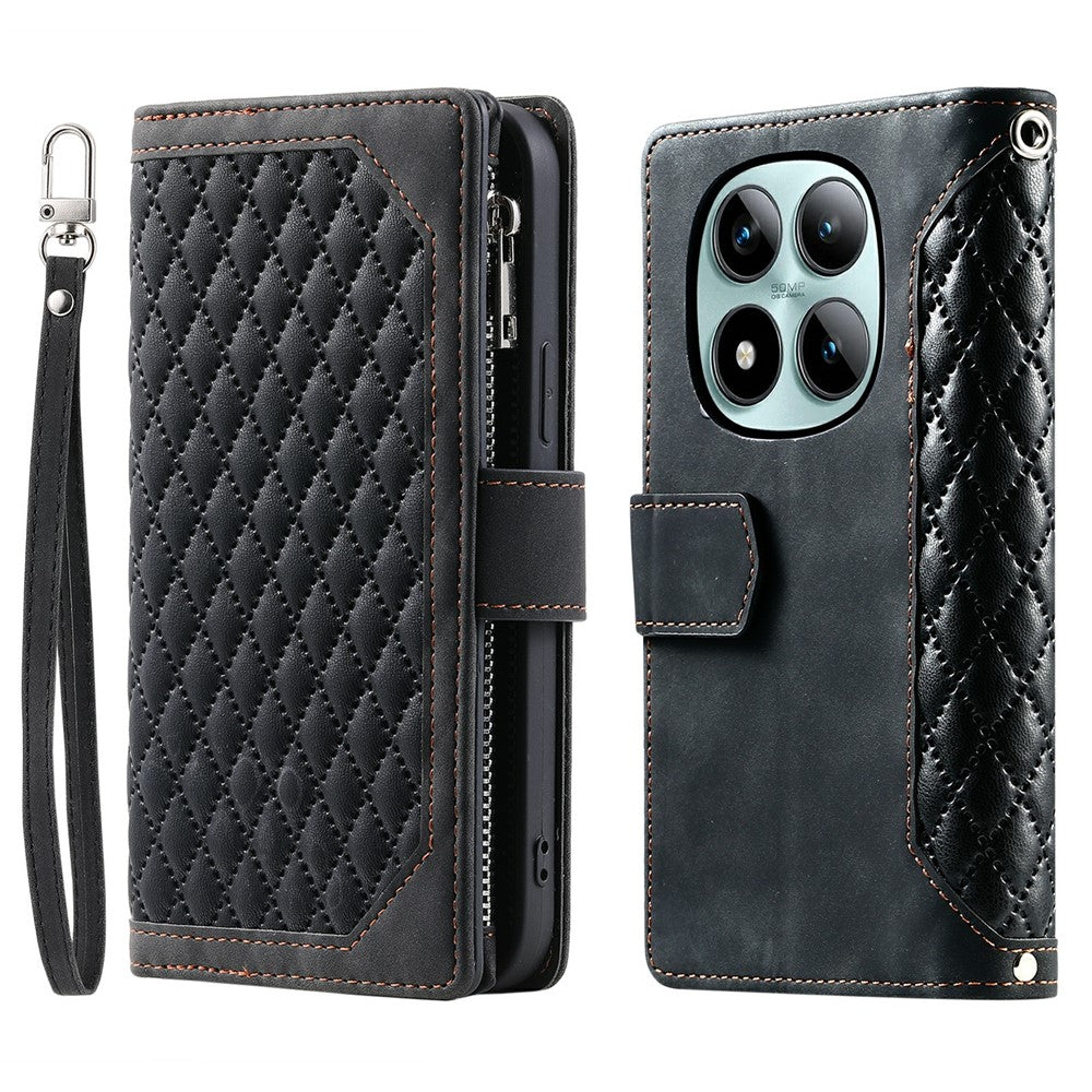 For Xiaomi Poco M8 Pro 5G / Redmi Note 15 Pro+ 5G (Global) Wallet Case Rhombus Stitching Line PU Leather Phone Cover with Wrist Strap - Black