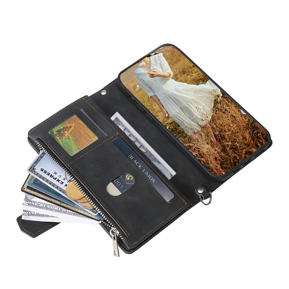 For Xiaomi Poco M8 Pro 5G / Redmi Note 15 Pro+ 5G (Global) Wallet Case Rhombus Stitching Line PU Leather Phone Cover with Wrist Strap - Black