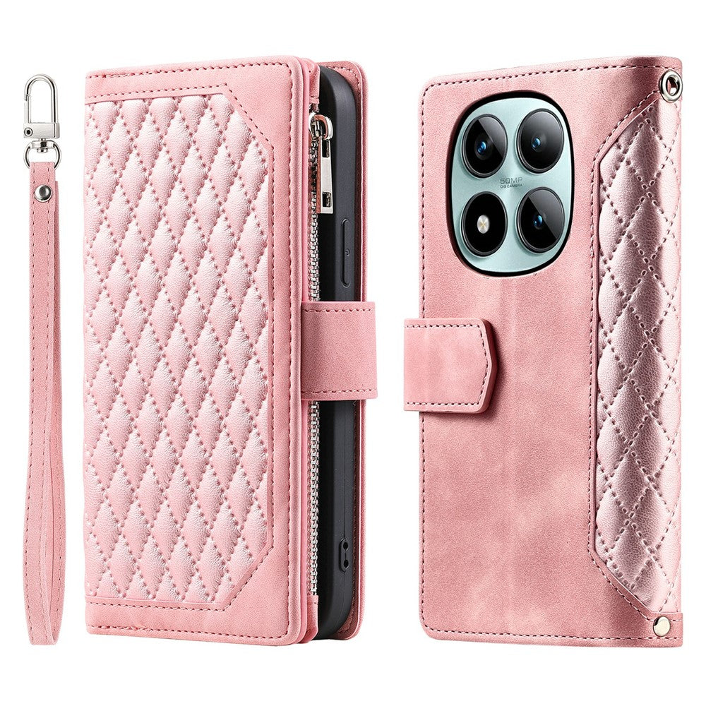 For Xiaomi Poco M8 Pro 5G / Redmi Note 15 Pro+ 5G (Global) Wallet Case Rhombus Stitching Line PU Leather Phone Cover with Wrist Strap - Rose Gold