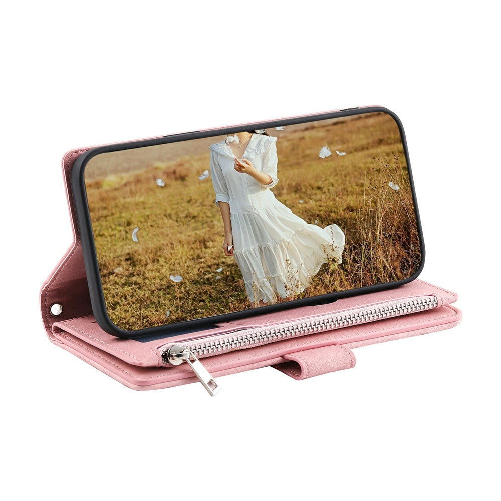 For Xiaomi Poco M8 Pro 5G / Redmi Note 15 Pro+ 5G (Global) Wallet Case Rhombus Stitching Line PU Leather Phone Cover with Wrist Strap - Rose Gold