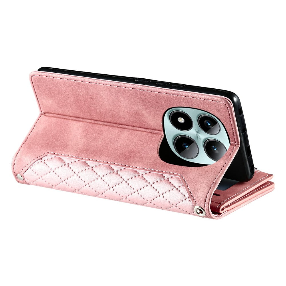 For Xiaomi Poco M8 Pro 5G / Redmi Note 15 Pro+ 5G (Global) Wallet Case Rhombus Stitching Line PU Leather Phone Cover with Wrist Strap - Rose Gold
