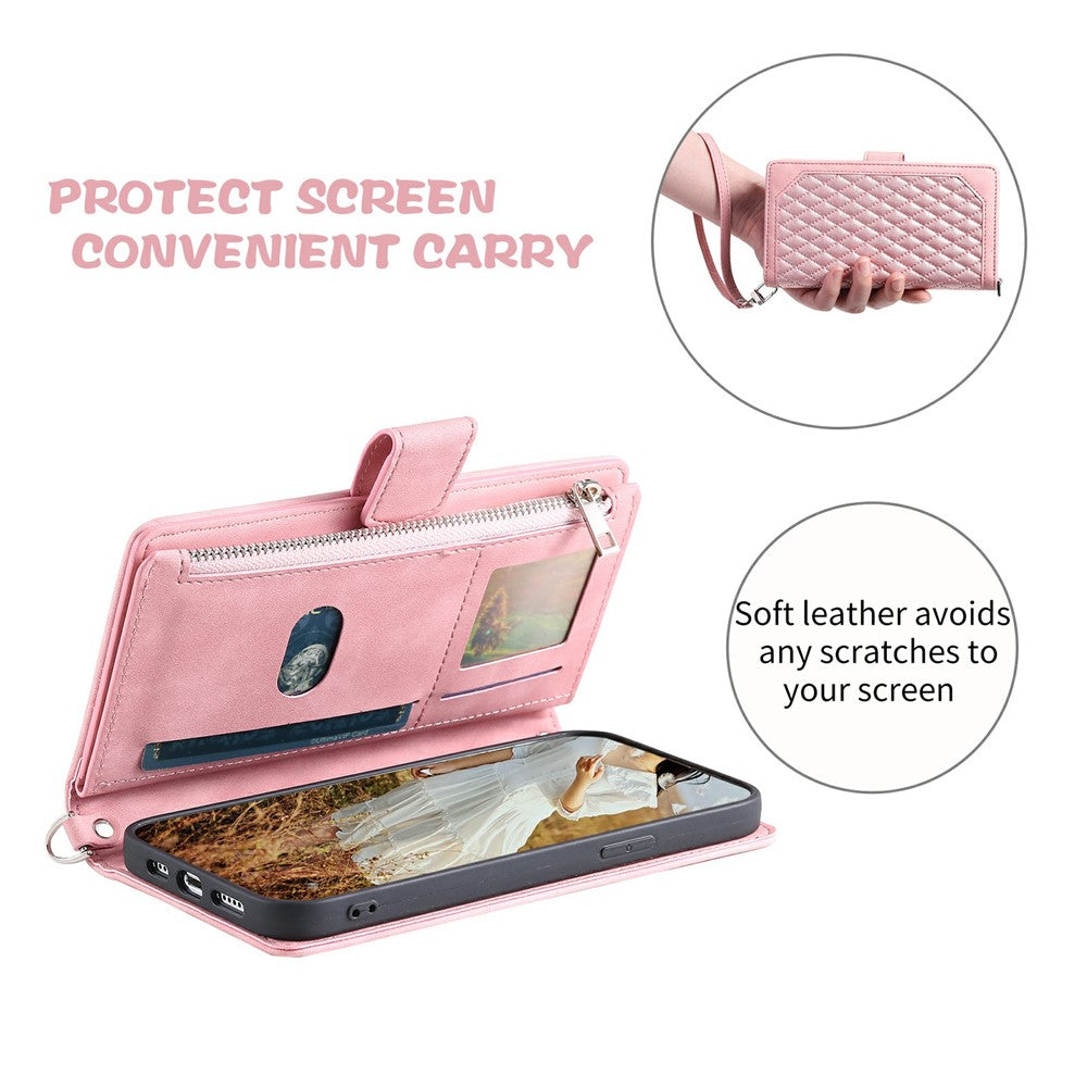 For Xiaomi Poco M8 Pro 5G / Redmi Note 15 Pro+ 5G (Global) Wallet Case Rhombus Stitching Line PU Leather Phone Cover with Wrist Strap - Rose Gold
