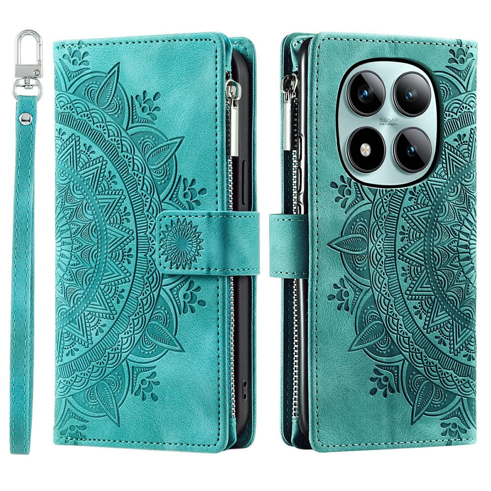 For Xiaomi Poco M8 Pro 5G / Redmi Note 15 Pro+ 5G (Global) Wallet Case Mandala Flower Pattern PU Leather Phone Cover with Wrist Strap - Mint Green