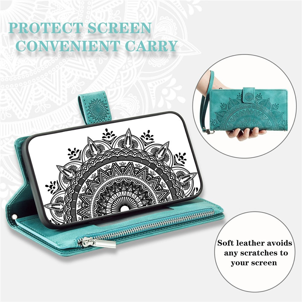 For Xiaomi Poco M8 Pro 5G / Redmi Note 15 Pro+ 5G (Global) Wallet Case Mandala Flower Pattern PU Leather Phone Cover with Wrist Strap - Mint Green