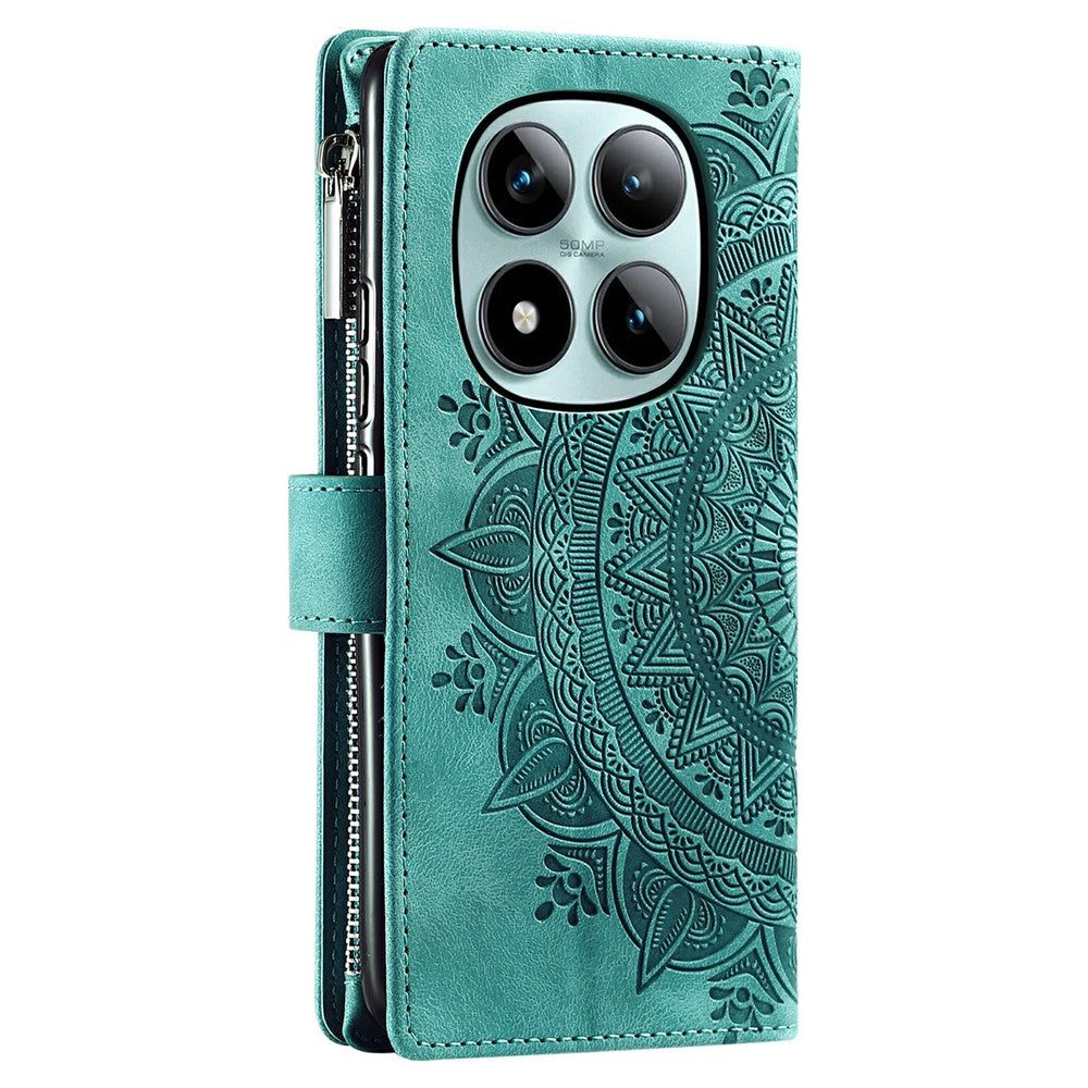 For Xiaomi Poco M8 Pro 5G / Redmi Note 15 Pro+ 5G (Global) Wallet Case Mandala Flower Pattern PU Leather Phone Cover with Wrist Strap - Mint Green