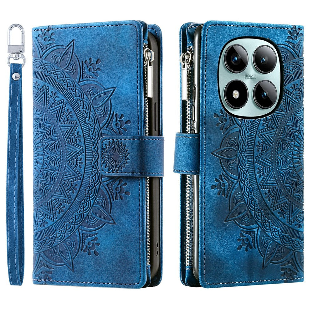 For Xiaomi Poco M8 Pro 5G / Redmi Note 15 Pro+ 5G (Global) Wallet Case Mandala Flower Pattern PU Leather Phone Cover with Wrist Strap - Blue