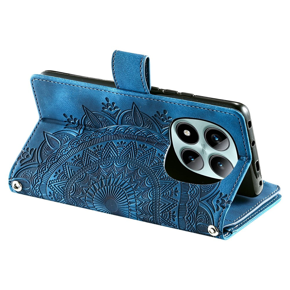 For Xiaomi Poco M8 Pro 5G / Redmi Note 15 Pro+ 5G (Global) Wallet Case Mandala Flower Pattern PU Leather Phone Cover with Wrist Strap - Blue