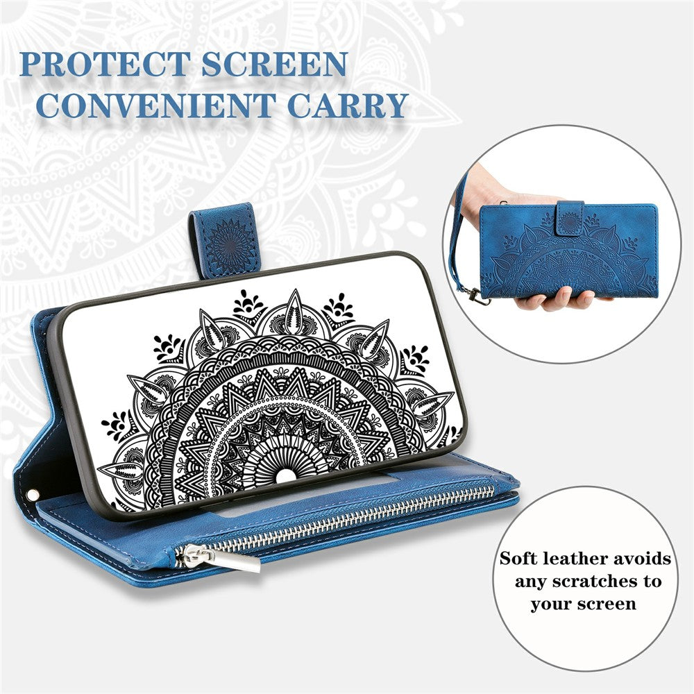 For Xiaomi Poco M8 Pro 5G / Redmi Note 15 Pro+ 5G (Global) Wallet Case Mandala Flower Pattern PU Leather Phone Cover with Wrist Strap - Blue