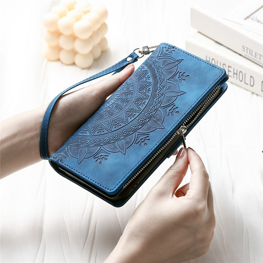 For Xiaomi Poco M8 Pro 5G / Redmi Note 15 Pro+ 5G (Global) Wallet Case Mandala Flower Pattern PU Leather Phone Cover with Wrist Strap - Blue