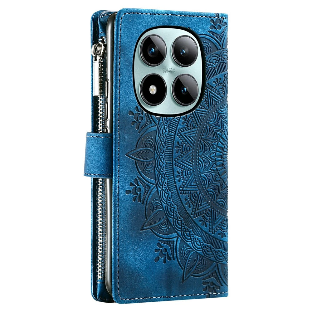 For Xiaomi Poco M8 Pro 5G / Redmi Note 15 Pro+ 5G (Global) Wallet Case Mandala Flower Pattern PU Leather Phone Cover with Wrist Strap - Blue