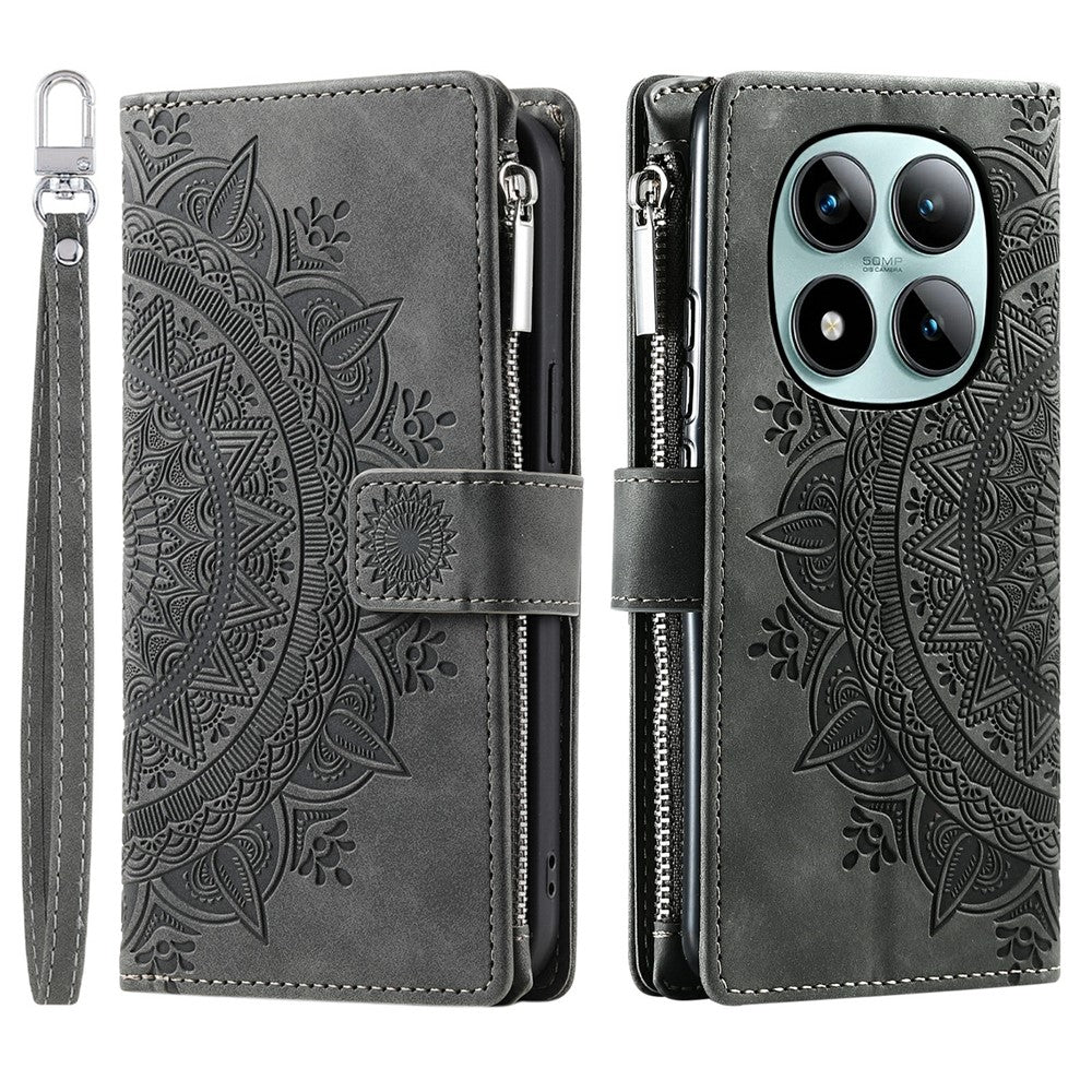 For Xiaomi Poco M8 Pro 5G / Redmi Note 15 Pro+ 5G (Global) Wallet Case Mandala Flower Pattern PU Leather Phone Cover with Wrist Strap - Grey
