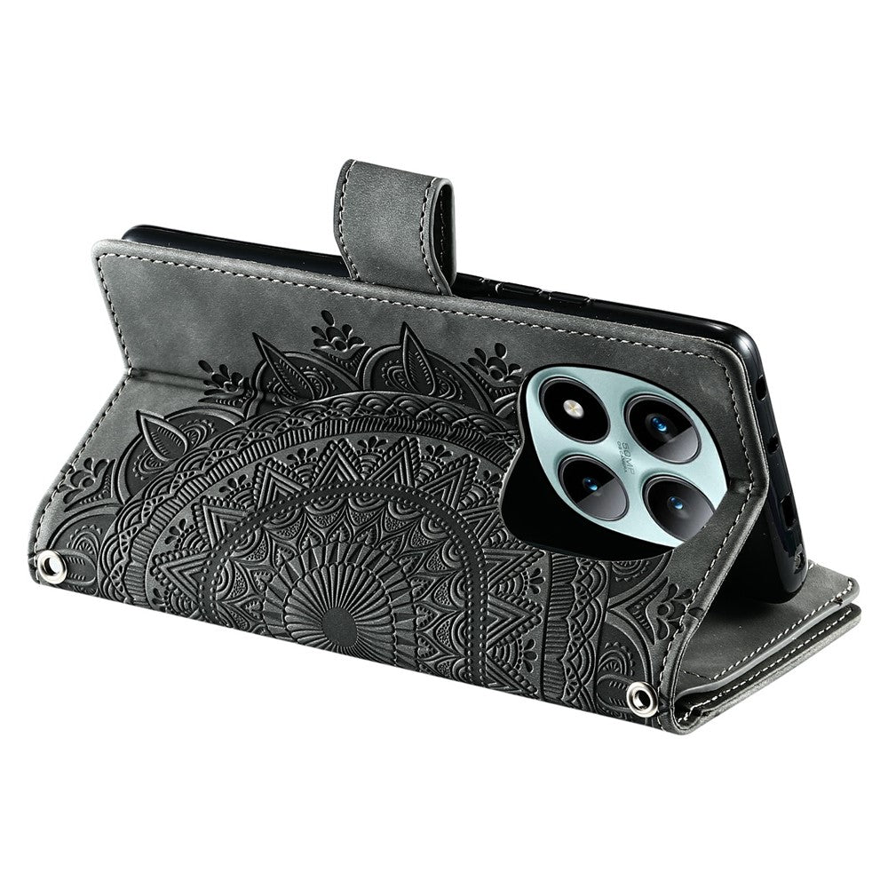 For Xiaomi Poco M8 Pro 5G / Redmi Note 15 Pro+ 5G (Global) Wallet Case Mandala Flower Pattern PU Leather Phone Cover with Wrist Strap - Grey
