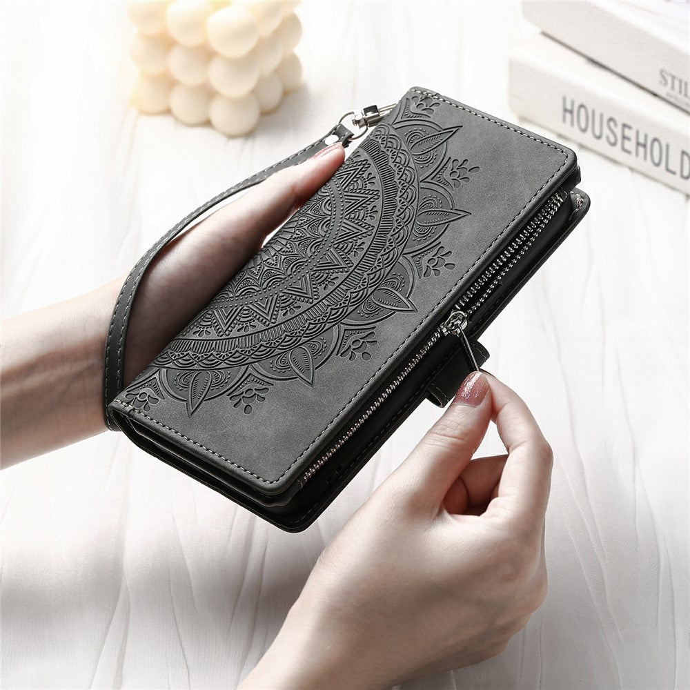 For Xiaomi Poco M8 Pro 5G / Redmi Note 15 Pro+ 5G (Global) Wallet Case Mandala Flower Pattern PU Leather Phone Cover with Wrist Strap - Grey