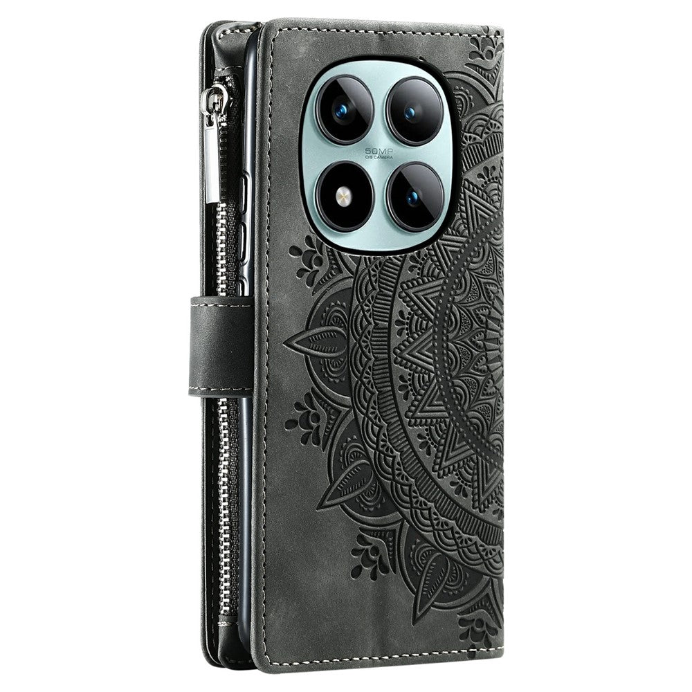 For Xiaomi Poco M8 Pro 5G / Redmi Note 15 Pro+ 5G (Global) Wallet Case Mandala Flower Pattern PU Leather Phone Cover with Wrist Strap - Grey