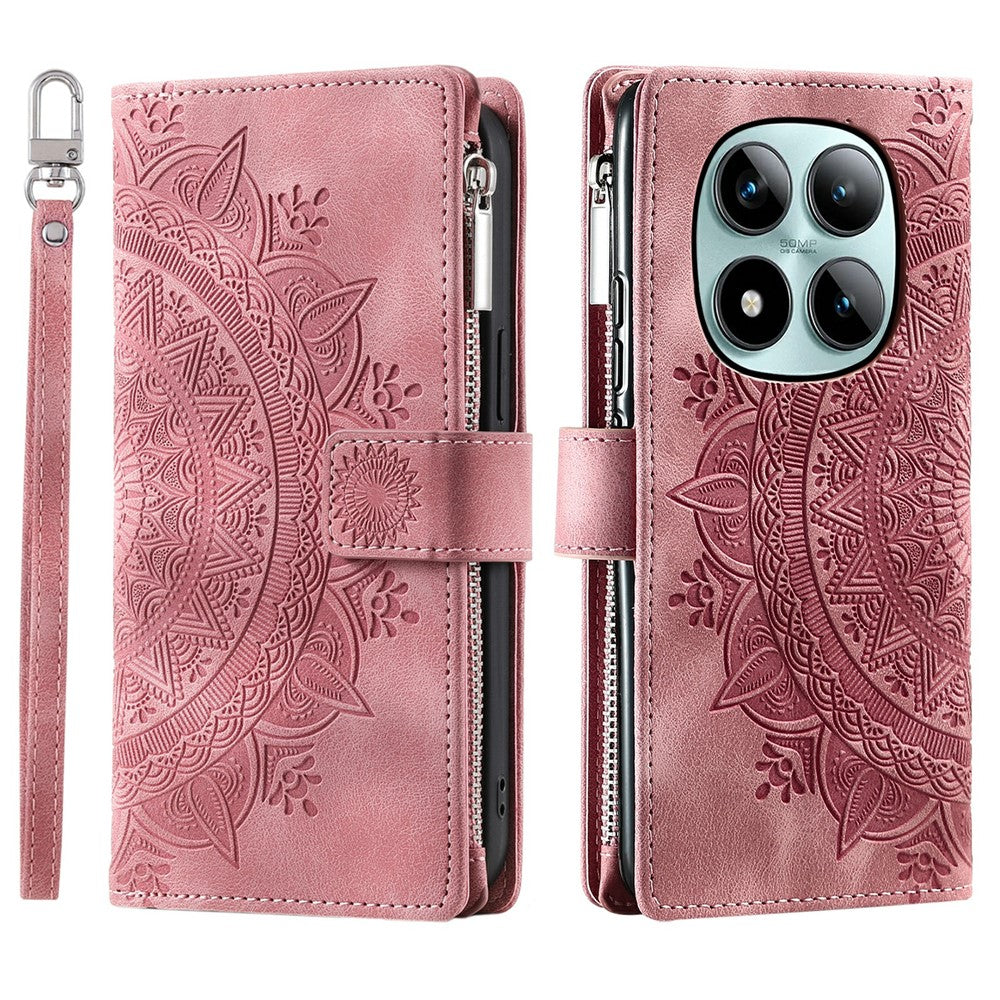 For Xiaomi Poco M8 Pro 5G / Redmi Note 15 Pro+ 5G (Global) Wallet Case Mandala Flower Pattern PU Leather Phone Cover with Wrist Strap - Rose Gold