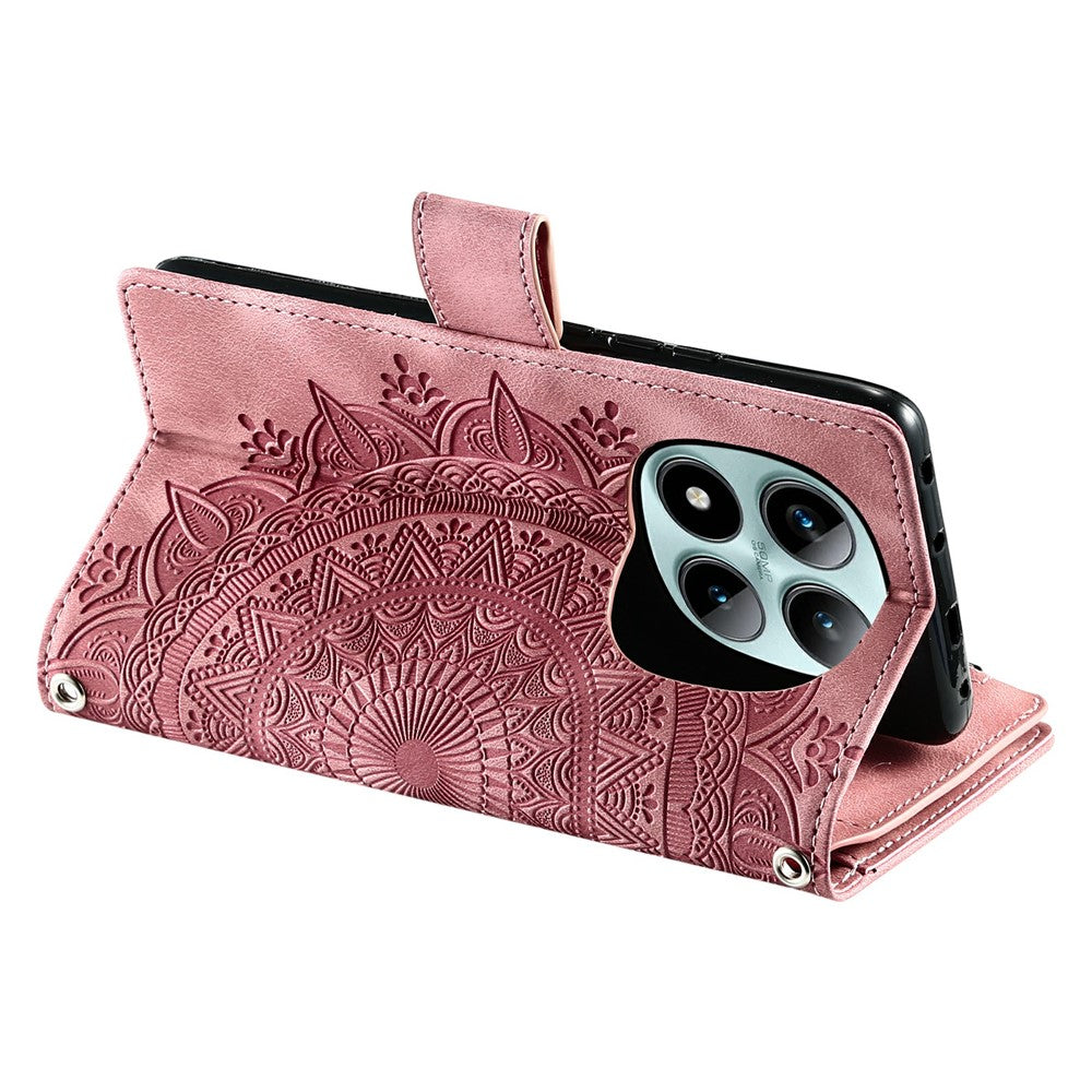 For Xiaomi Poco M8 Pro 5G / Redmi Note 15 Pro+ 5G (Global) Wallet Case Mandala Flower Pattern PU Leather Phone Cover with Wrist Strap - Rose Gold