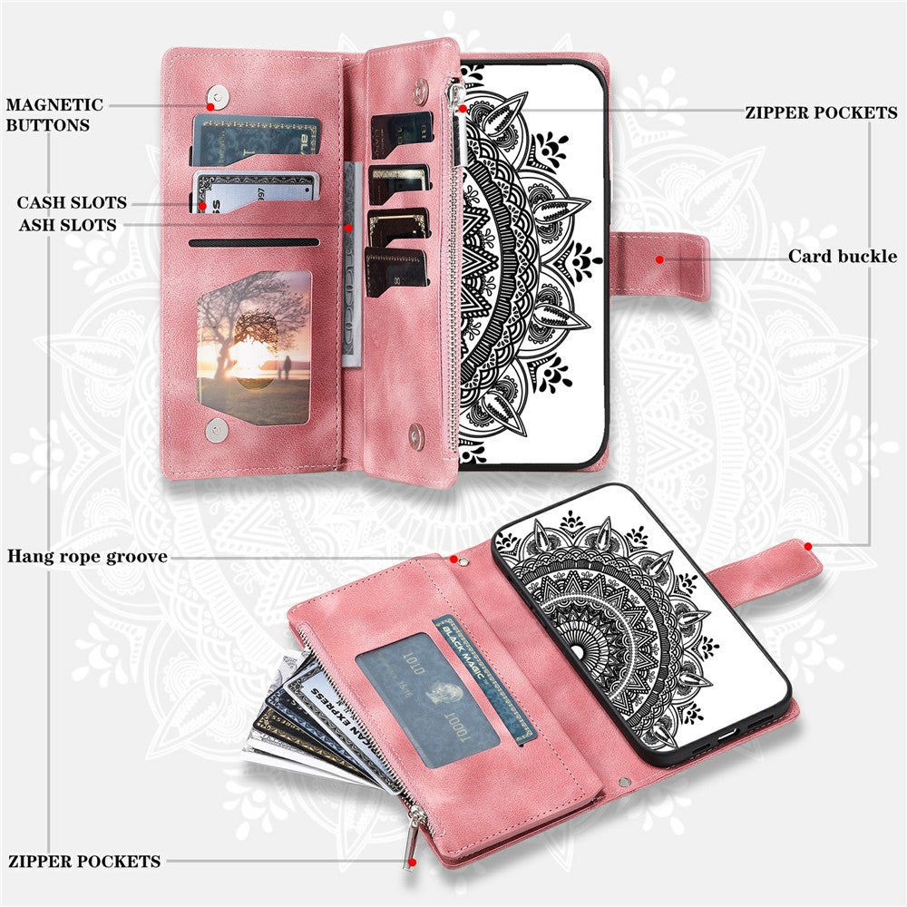 For Xiaomi Poco M8 Pro 5G / Redmi Note 15 Pro+ 5G (Global) Wallet Case Mandala Flower Pattern PU Leather Phone Cover with Wrist Strap - Rose Gold