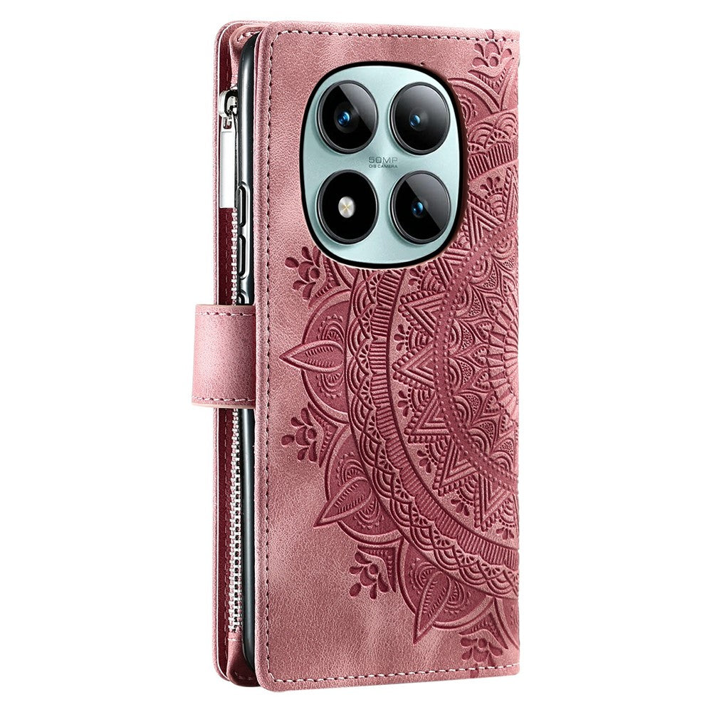 For Xiaomi Poco M8 Pro 5G / Redmi Note 15 Pro+ 5G (Global) Wallet Case Mandala Flower Pattern PU Leather Phone Cover with Wrist Strap - Rose Gold