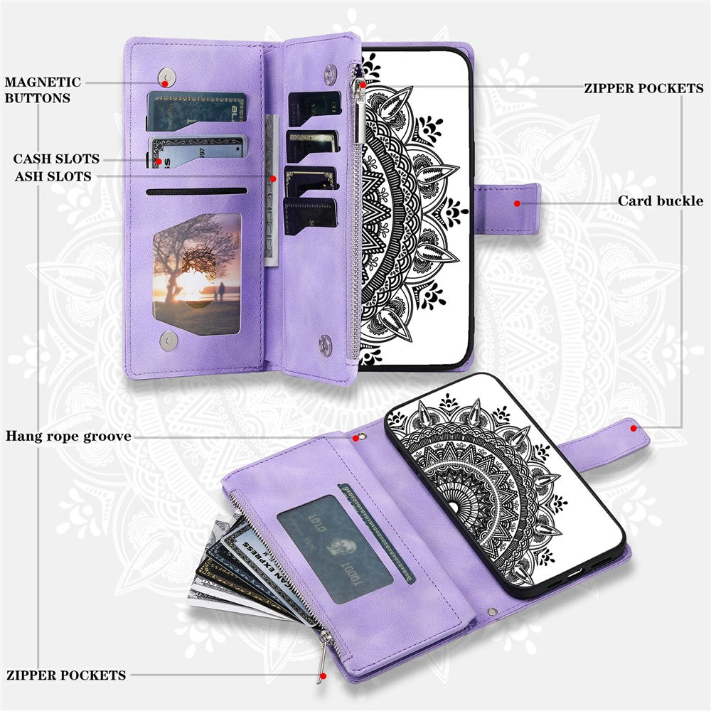 For Xiaomi Poco M8 Pro 5G / Redmi Note 15 Pro+ 5G (Global) Wallet Case Mandala Flower Pattern PU Leather Phone Cover with Wrist Strap - Purple