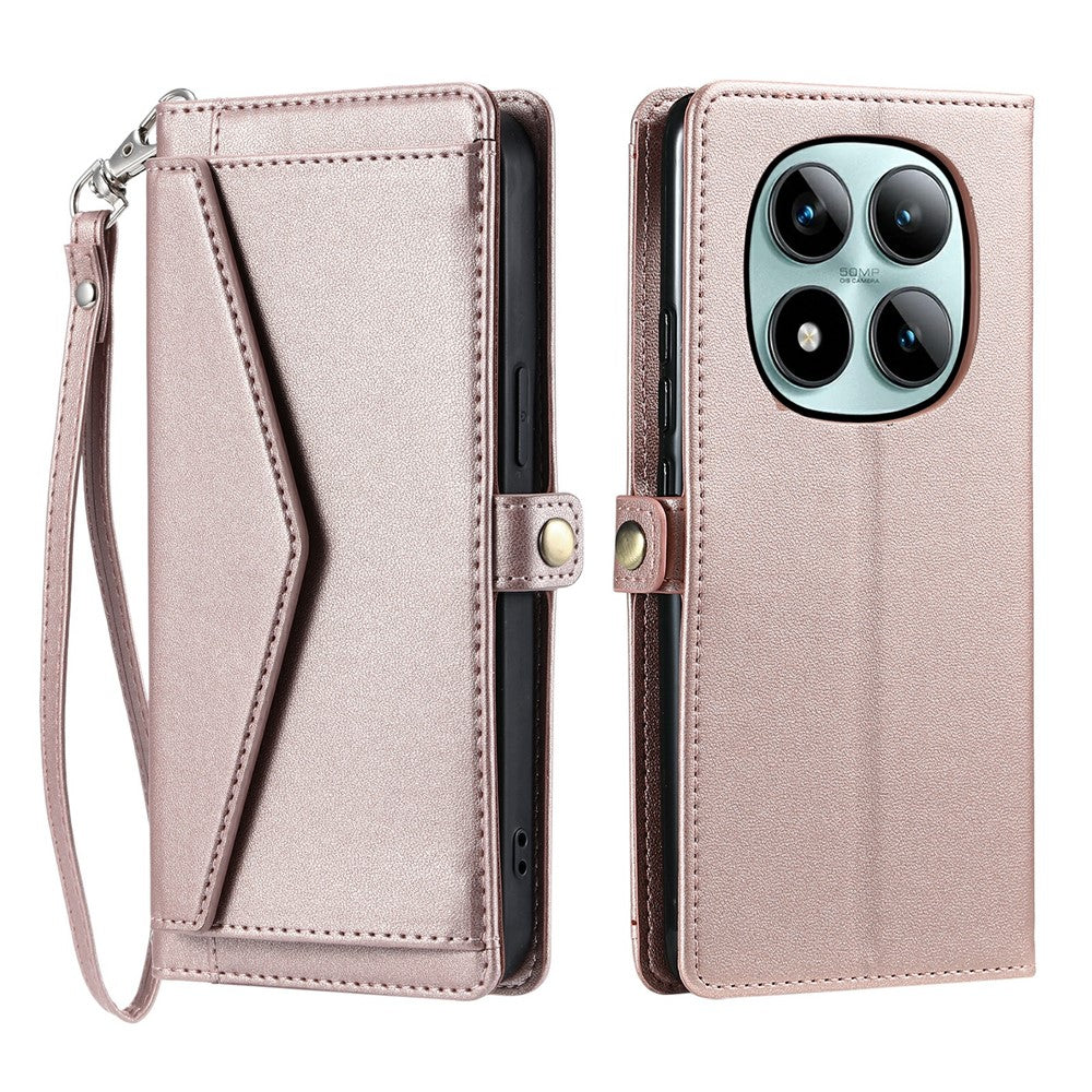 For Xiaomi Poco M8 Pro 5G / Redmi Note 15 Pro+ 5G (Global) Leather Case with Wrist Strap Wallet Stand Phone Cover - Rose Gold