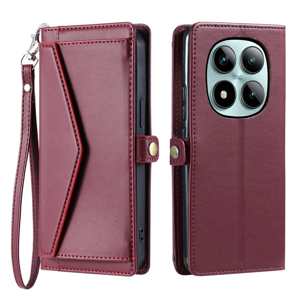 For Xiaomi Poco M8 Pro 5G / Redmi Note 15 Pro+ 5G (Global) Leather Case with Wrist Strap Wallet Stand Phone Cover - Wine Red