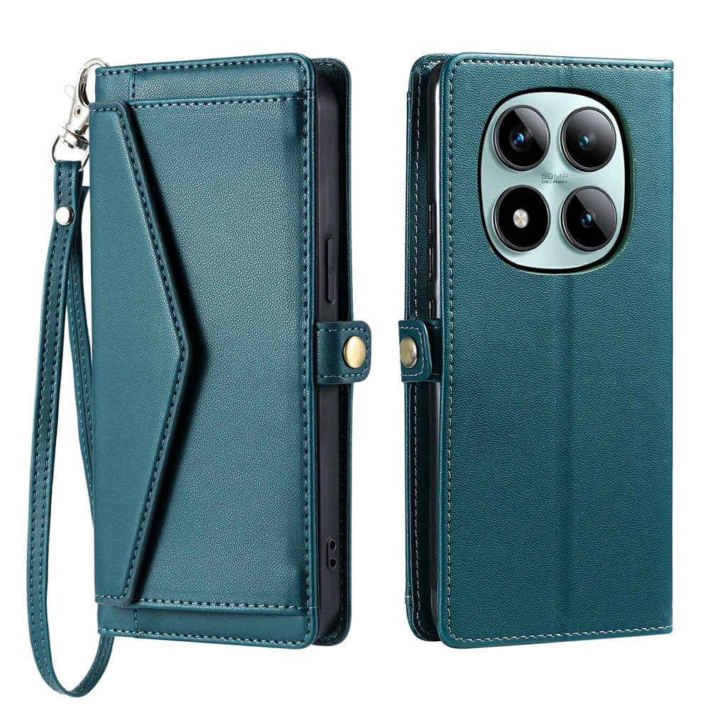 For Xiaomi Poco M8 Pro 5G / Redmi Note 15 Pro+ 5G (Global) Leather Case with Wrist Strap Wallet Stand Phone Cover - Blackish Green
