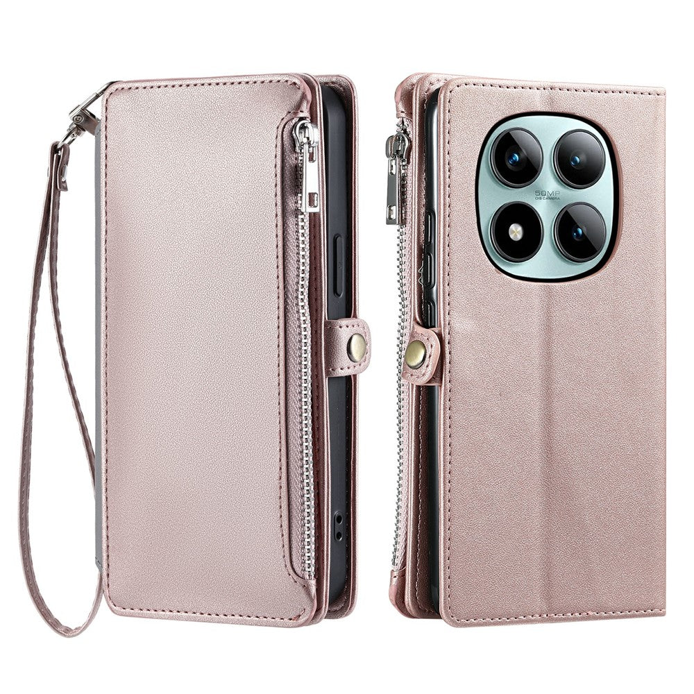 For Xiaomi Poco M8 Pro 5G / Redmi Note 15 Pro+ 5G (Global) Case TPU + PU Leather Wallet Phone Cover with Wrist Strap - Rose Gold