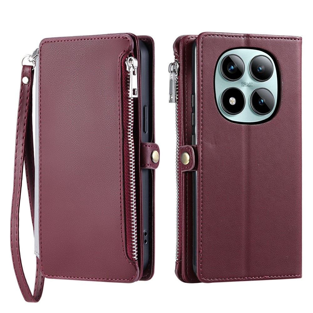 For Xiaomi Poco M8 Pro 5G / Redmi Note 15 Pro+ 5G (Global) Case TPU + PU Leather Wallet Phone Cover with Wrist Strap - Wine Red