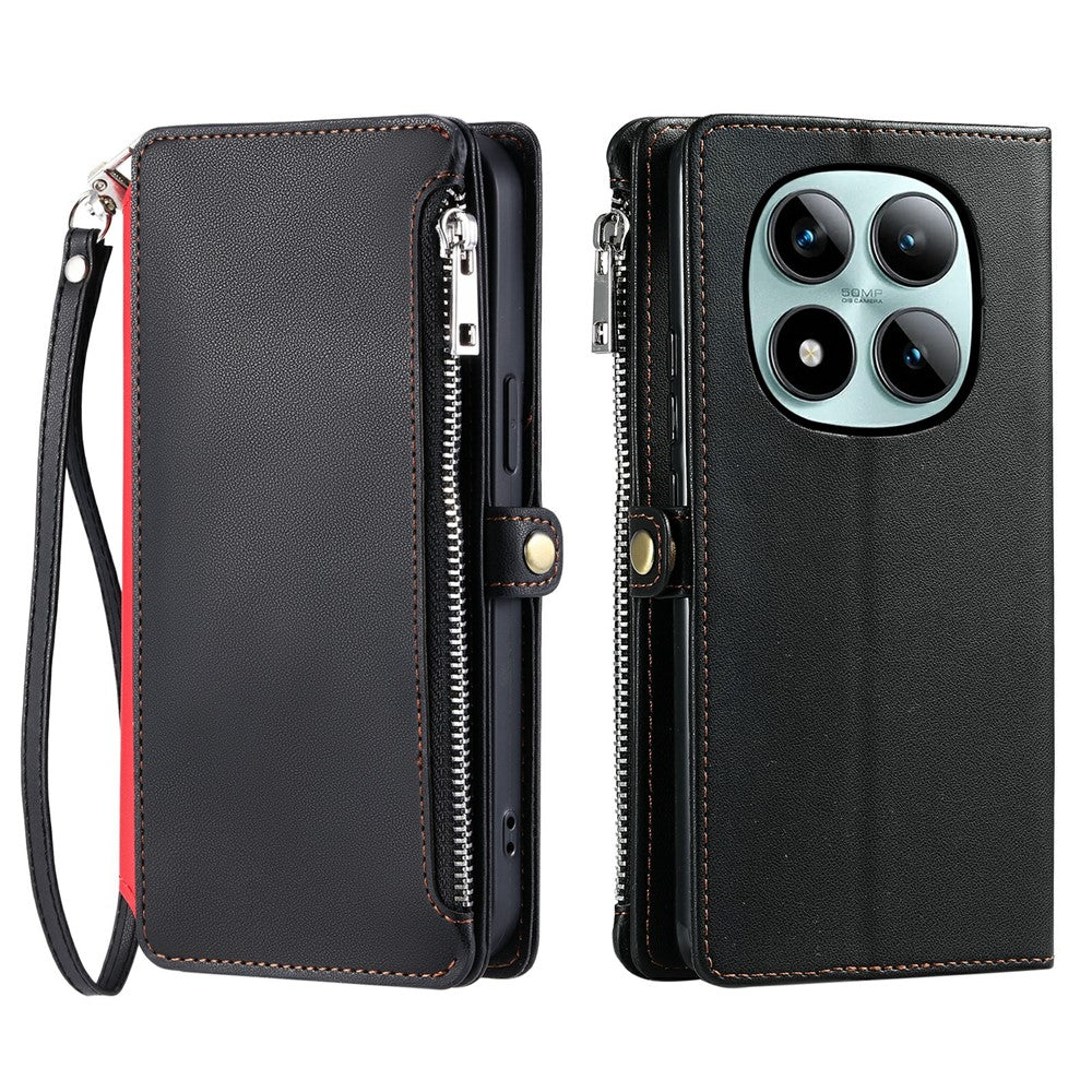For Xiaomi Poco M8 Pro 5G / Redmi Note 15 Pro+ 5G (Global) Case TPU + PU Leather Wallet Phone Cover with Wrist Strap - Black