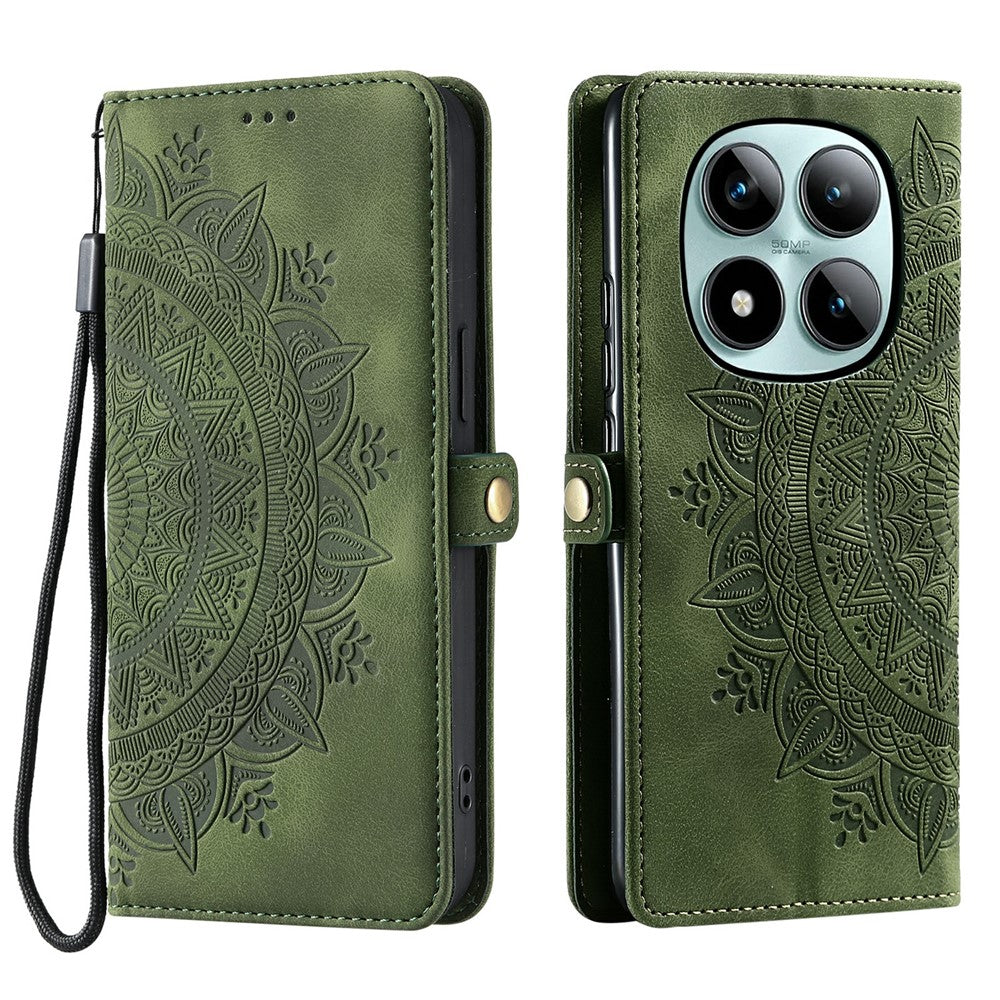 For Xiaomi Poco M8 Pro 5G / Redmi Note 15 Pro+ 5G (Global) Case Skin Feel Totem Imprinted Wallet Leather Phone Cover with Hand Strap - Blackish Green